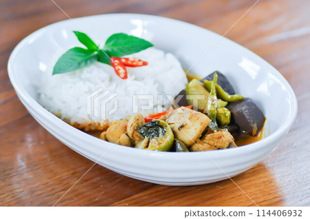 chicken curry , yellow curry chicken or chicken feet soup with rice chicken curry , yellow curry chicken or chicken feet soup with rice 114406932