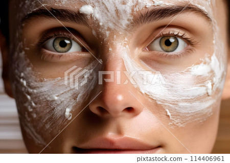 a close up of a woman s face with a white mask on it a close up of a woman s face with a white mask on it 114406961