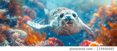 Closeup panoramic view of seal swimming undersea. Animal wildlife concept. 114406985