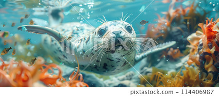 Closeup panoramic view of seal swimming undersea. Animal wildlife concept. 114406987