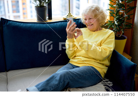 mature caucasian female using smartphone, browsing apps, sitting on sofa at home alone 114407550