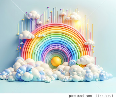 Bright 3D illustration of a whimsical landscape with vibrant rainbows, fluffy clouds, and sparkling stars 114407791