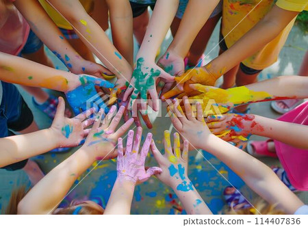 Hands of children painted in bright colors on a white background. 114407836