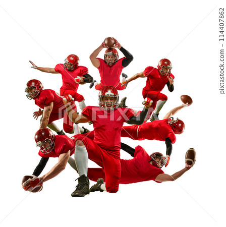 Sport collage. American football player in vibrant red uniform posing in various action-packed poses from catching and throwing to diving for touchdown. Sport collage. American football player in vibrant red uniform posing in various action-packed poses from catching and throwing to diving for touchdown. 114407862