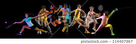 Sport collage. Athletic people, featuring basketball, tennis, and cycling against black background. Healthy lifestyle Sport collage. Athletic people, featuring basketball, tennis, and cycling against black background. Healthy lifestyle 114407867