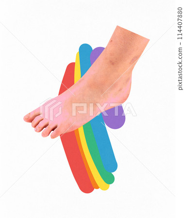 Poster. Contemporary art collage. Foot stands triumphantly on colorful, vibrant rainbow against white background. 114407880