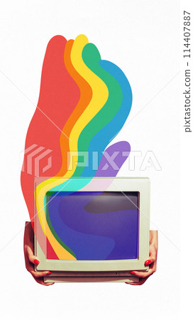 Poster. Contemporary art collage. Hands hold retro computer monitor with colorful rainbow bursting out of screen against white background. 114407887