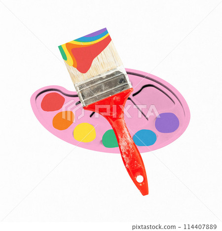 Poster. Contemporary art collage. Rainbow paintbrush on pink palette against white background. Love and peace. Poster. Contemporary art collage. Rainbow paintbrush on pink palette against white background. Love and peace. 114407889