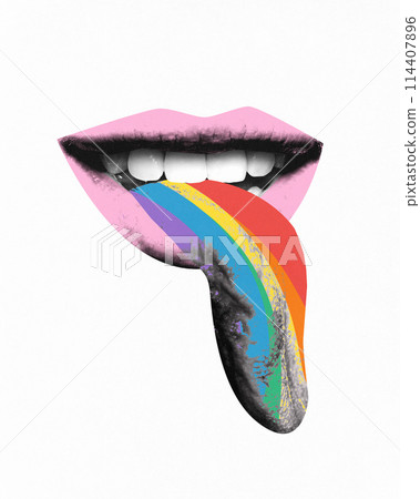 Poster. Contemporary art collage. Gender identities. Colorful rainbow tongue sticking out of mouth against white background. 114407896