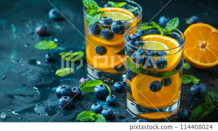Refreshing Citrus Blueberry Drinks on Moody Table Refreshing Citrus Blueberry Drinks on Moody Table 114408024
