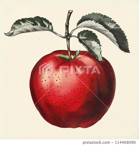 Digital vintage illustration of a red apple with leaves in engraving technique. 114408090