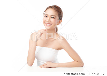 Beautiful young asian woman with clean fresh skin on white background, Face care, Facial treatment, Cosmetology, beauty and spa, Asian women portrait. 114408117