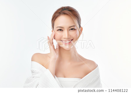 Beautiful young asian woman with clean fresh skin on white background, Face care, Facial treatment, Cosmetology, beauty and spa, Asian women portrait. 114408122