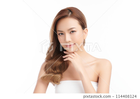 Beautiful young asian woman with clean fresh skin on white background, Face care, Facial treatment, Cosmetology, beauty and spa, Asian women portrait. 114408124