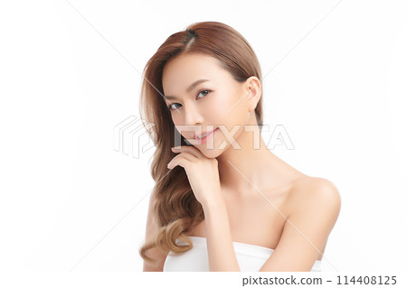 Beautiful young asian woman with clean fresh skin on white background, Face care, Facial treatment, Cosmetology, beauty and spa, Asian women portrait. 114408125