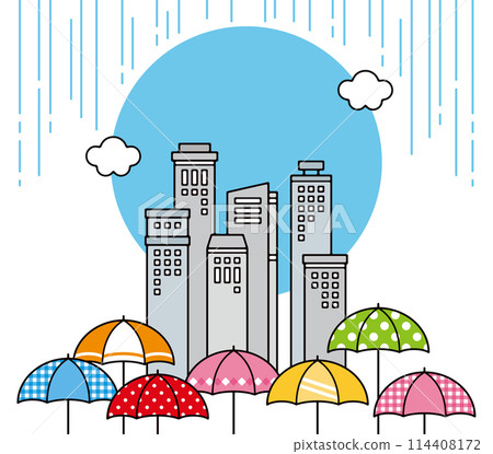 雨天城市建築和彩色雨傘的景觀插畫 114408172