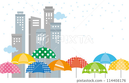 白雪皚皚的城市景觀和彩色雨傘的背景插圖 114408176