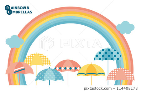 向量插圖背景與彩虹和雲彩和許多五顏六色的雨傘 114408178