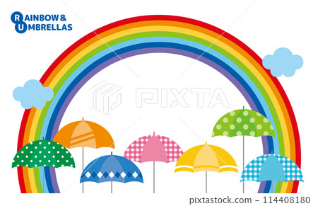 Illustrated frame with a rainbow, clouds and lots of colorful umbrellas 114408180