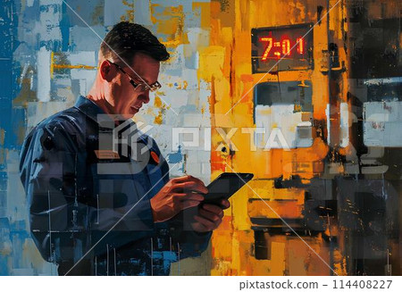 young man using mobile phone while driving the train 114408227