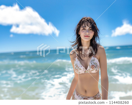 Smiling woman in a swimsuit and the sea Smiling woman in a swimsuit and the sea 114408260