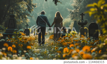 Family members holding hands near a war grave in cemetery. Memorial Day, Yom HaZakiron. AI Generated 114408315