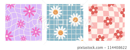 Psychedelic Checkerboard. Groovy hippie 70s backgrounds set. Trippy patterns with daisy flowers. Retro floral print. Distorted vector illustration in Y2k style 114408622