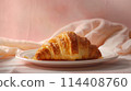 A croissant placed on a white porcelain plate, with a light drizzle of honey on a soft pastel background. 114408760