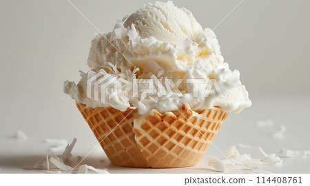 A white ice cream sundae in a waffle cup, topped with coconut flakes, on a plain white background. A white ice cream sundae in a waffle cup, topped with coconut flakes, on a plain white background. 114408761