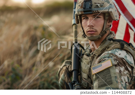 Soldier in camouflage uniform holding gun in field 114408872