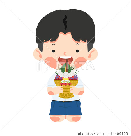 Cute Boy Thai Student with Flower tray 114409103