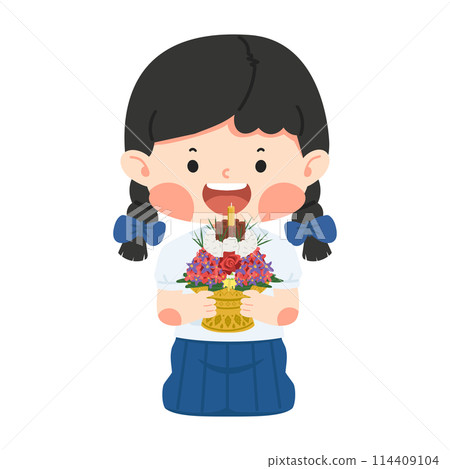 Cute Girl Thai Student with Flower tray 114409104