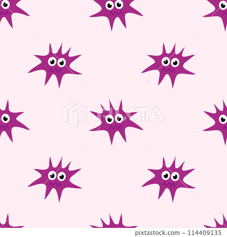 Seamless Pattern with Cute cartoon character virus, bacteria, microbe. Microbiology organism funny face wallpaper. Mascot expressing emotion background. Vector children illustration in flat design. 114409135
