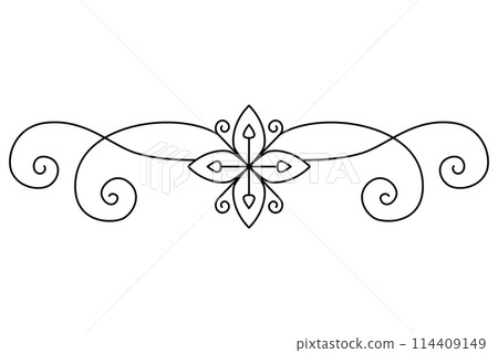 Flourish calligraphic design element. Page decoration symbol to embellish your layout. Linear of vintage swirl 114409149