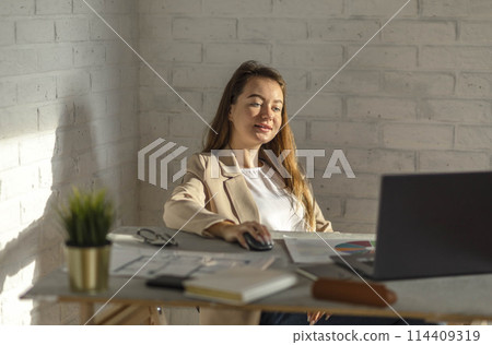 snapshot of success as a vibrant young businesswoman smiles, fully engaged with her work in a modern office snapshot of success as a vibrant young businesswoman smiles, fully engaged with her work in a modern office 114409319