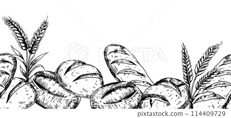 seamless border with loaves of bread. drawing in sketch style 114409729