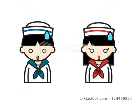 一個男孩和女孩打扮成水手，表情驚訝 114409833