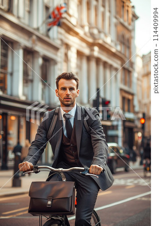 A man in a suit and tie rides a bicycle down a city street 114409994