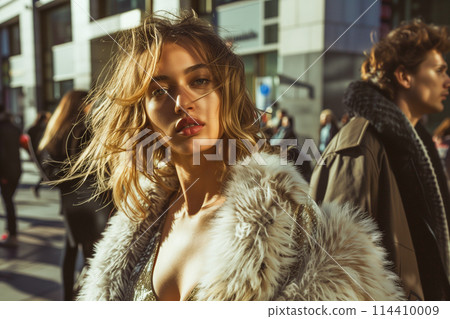 A woman in a fur coat stands in front of a building A woman in a fur coat stands in front of a building 114410009