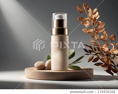 Cosmetic background. Containers for cosmetic bottles with plant leaves and hard shadows 114410108