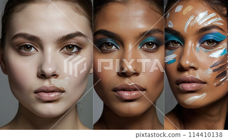 Collection, creative portrait of female models with makeup on their faces, close-up Collection, creative portrait of female models with makeup on their faces, close-up 114410138