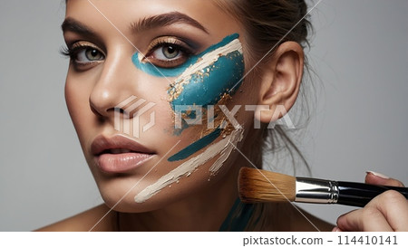 Creative Portrait of a girl with cosmetic brush at face. Creative Portrait of a girl with cosmetic brush at face. 114410141
