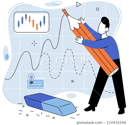 Stock market manipulation concepts set, change business graph indicator, influence crypto currency price for benefit or profit. Character analyzing stock market data to control financial graphic chart Stock market manipulation concepts set, change business graph indicator, influence crypto currency price for benefit or profit. Character analyzing stock market data to control financial graphic chart 114410348