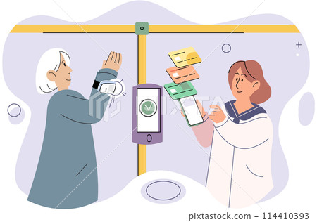 Cashless payment. Vector illustration. Mobile cashless payments offer convenience for splitting bills or making peer-to-peer transfers Online payment platforms often offer buyer protection and dispute Cashless payment. Vector illustration. Mobile cashless payments offer convenience for splitting bills or making peer-to-peer transfers Online payment platforms often offer buyer protection and dispute 114410393