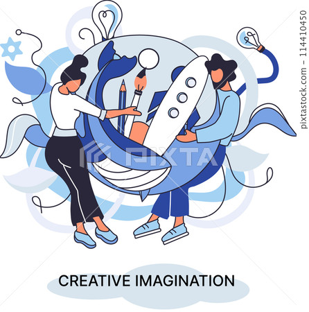 Creative mind, imagination or brainstorm or originative idea concept. Creative imagination. Phantasy space and creativity. Phantasy flow and creativity metaphor, fantasies in mind. Vision development 114410450