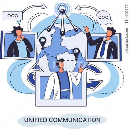 Unified communication. Characters use wireless telephony connection. Telecommunication system via cloud or network. Social media creative idea. Online social network. Business interaction app Unified communication. Characters use wireless telephony connection. Telecommunication system via cloud or network. Social media creative idea. Online social network. Business interaction app 114410535