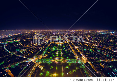 aerial view of illuminated night city panorama of Paris with street lights, drone top view from above, Champs Elysees and Elysee Palace, France 114410547