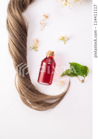 The extract of the flower of chestnut, chestnut flower and hair isolated on a white background.Hairloss concept.Flat lay The extract of the flower of chestnut, chestnut flower and hair isolated on a white background.Hairloss concept.Flat lay 114411117