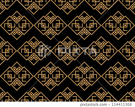 Geometric seamless pattern in line art style. Art deco geometric pattern of golden lines on a black background. Vintage linear style. Design for wallpapers, wrappers and banners. Vector illustration Geometric seamless pattern in line art style. Art deco geometric pattern of golden lines on a black background. Vintage linear style. Design for wallpapers, wrappers and banners. Vector illustration 114411308