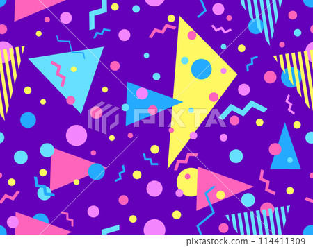 Geometric seamless pattern with memphis elements in 80s style. Colorful geometric pattern. Design of promotional products, wrapping paper and printing. Vector illustration 114411309